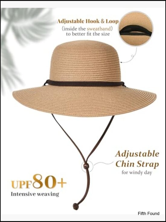 Wide Brim Straw Sun Hat with Wind Lanyard UPF 80+ Foldable Summer Beach